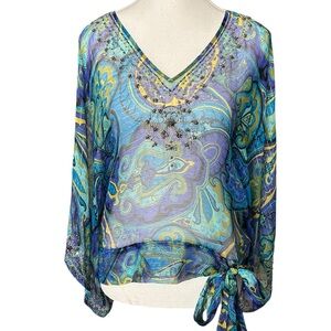Cache Beaded Sheer Multicolor Metallic Paisley Blouse XS/S